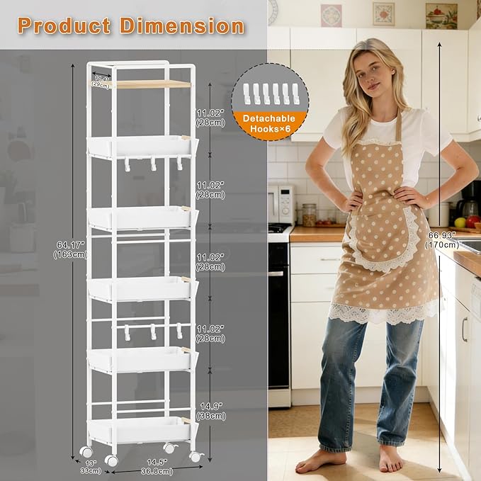 6-Tier Slim Rolling Storage Cart with Wheels, Metal Organizer Tall Rolling Cart, Wood Top Narrow Mobile Utility Cart with Pull-Out Baskets for Kitchen, Bathroom, Laundry Room, 13in(W) White - Image 5