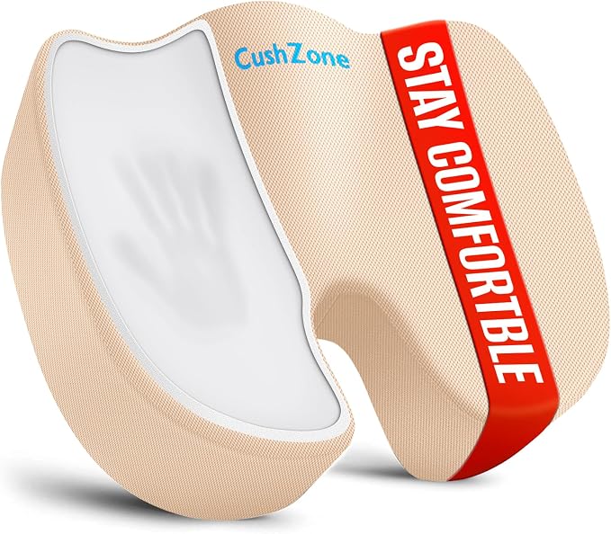 CushZone XXL Memory Foam Seat Cushion for Office & Car, Khaki | U-shaped Coccyx Cutout, Contoured Design, Breathable Removable Mesh Cover, Non-Slip Base, Carry Handle by CushZone