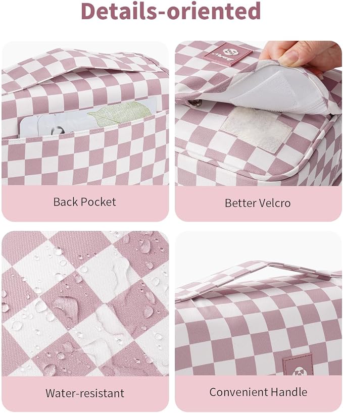 Narwey Small Hanging Travel Toiletry Bag for Traveling Women, Checkered Travel Bag for Toiletries, Makeup Bag Organizer Make Up Cosmetic Bags,Gifts for Kids Teen Girls (Dusty Pink Checkerboard) - Image 5