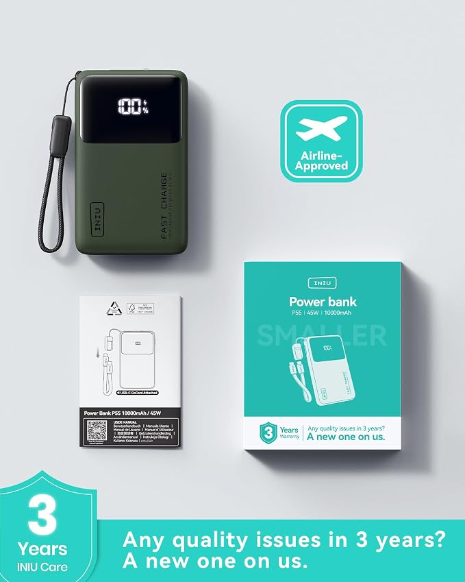 INIU Power Bank, Compact 10000mAh 45W PD Fast Charging Portable Charger | Detachable USB-C Cable, Stand, Flight-Safe, Travel, Flashlight, Battery Pack for iPhone 17 16, Samsung S26, iPad etc, Green - Image 7