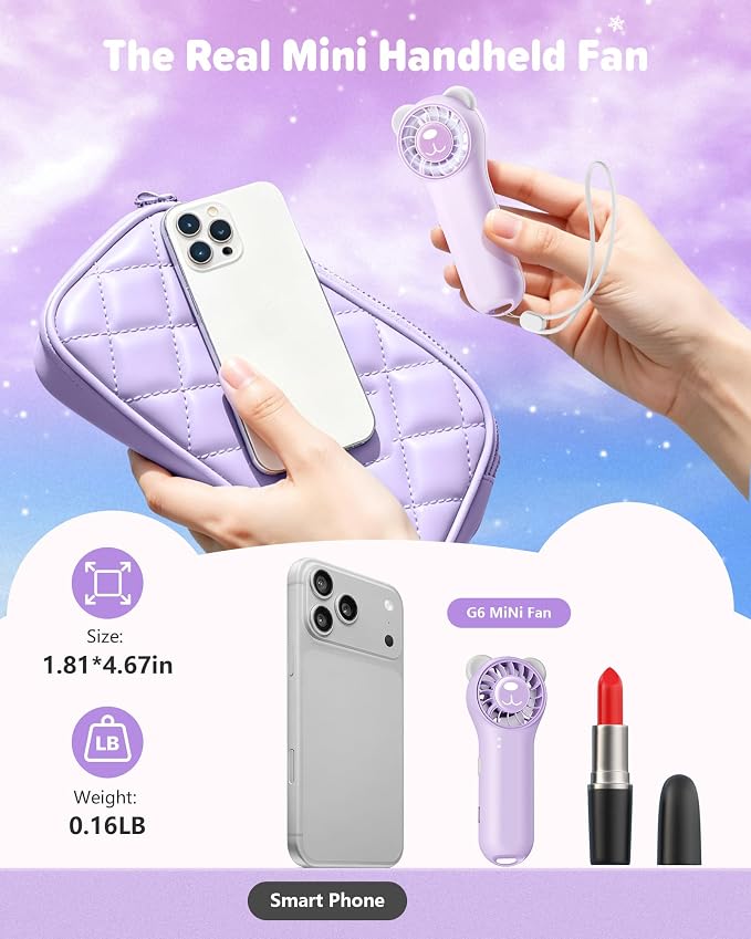 Portable Handheld Fan, Cute Bear Mini Fan with 11000 RPM High Speed, Rechargeable Personal Fan with 4 Speeds, Pocket Small Fan for Travel, Makeup, Lash, Gifts for Women Girl - Purple - Image 6