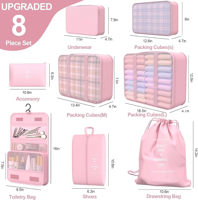 8 Set Packing Cubes for Travel,Suitcase Organizer Bags for Luggage with Shoe & Hanging Toiletry Bag, Vacation Essentials & Accessories for Cruise Ship, Airplane Must-Have,Road Trip & Camp Gifts(Pink) - Image 2