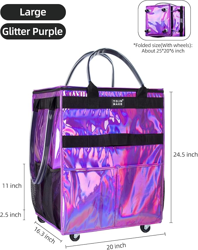 Reusable Grocery Bag with Wheels, Large Glitter Purple Rolling Tote - Image 4