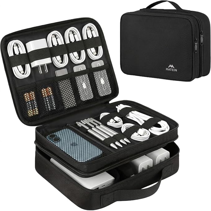 MATEIN Electronics Organizer Travel Case, Cable Organizer Bag, Black | Water Resistant, Gifts for Men, Storage Bag for Camera Accessories, for Travel Essentials, Phone, Cord & Tablet by MATEIN