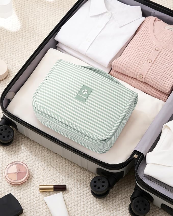 Narwey Small Hanging Toiletry Bag for Travel Women Girl, Striped Toiletries Travel Bag with Hook, Hanging Makeup Bag Organizer Make Up Cosmetic Bags, Gifts for Kids Teen (Mint Green Stripe) - Image 7