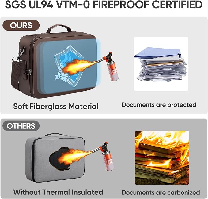 BALEINE Fireproof Document Box with Lock, Portable Fireproof Document Bag Waterproof Fire Proof File Boxes for Documents, File Organizer Box for Important Paperwork (Brown, 15''x11''x4'') - Image 6