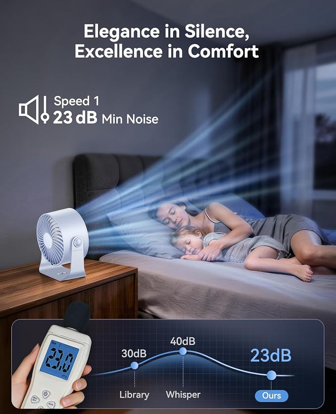 DIGIX Portable Desk Fan, 100 Speeds, 360° Rotation, USB Rechargeable | Quiet LED Display Table Fan with Wall Mount Design. Small Personal Cooling Fans for Home, Bedroom, Office & Travel, Blue - Image 6