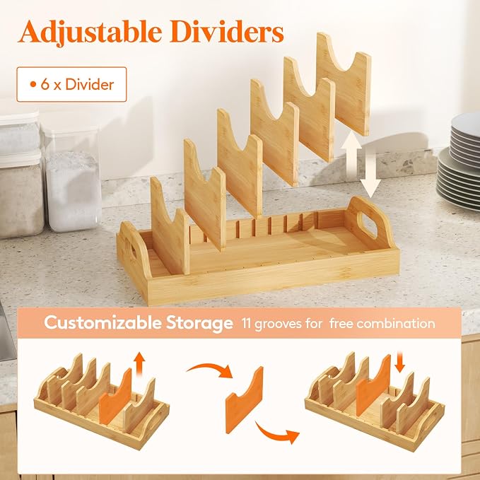 Lifewit Bamboo Lid Organizers for Inside Cabinet with 7 Sections | Pan Lid Holder with 6 adjustable Inserts, Kitchen Pantry organizer and storage, Extra Large, 15.6" X 8.1", Natural - Image 3