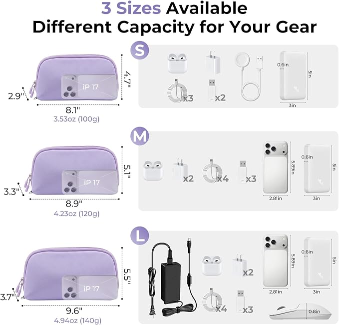 FYY Travel Cable Organizer - 8 Compartments, Lightweight, Water Repellent | With Wrist Strap, Portable Tech Pouch for Cord Charger, Travel and Business Trips Use, Soft Shell Nylon, Purple (Small) - Image 3