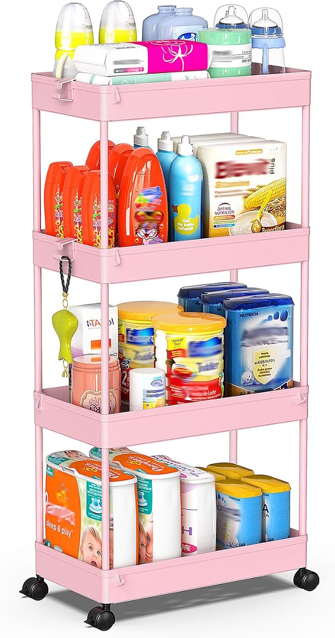 SPACEKEEPER 4 Tier Rolling Cart, Bathroom Cart Organizer with Wheels, Pink | Mobile Storage Cart for Laundry Room Organization,Kitchen,Office,Bathroom, Utility Cart for Snack,Craft,Art,Makeup,Nail,Toys by SPACEKEEPER