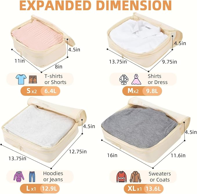 BAGAIL 4 Set/6 Set/8 Set Compression Packing Cubes Travel Accessories Expandable Packing Organizers (Square Mesh, 06-Beige) - Image 2