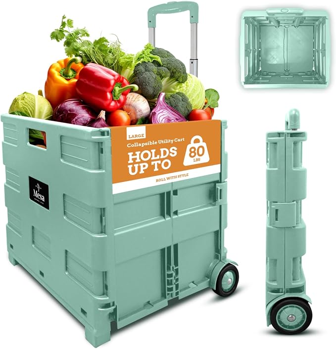Inspired Living Ultra-Slim Rolling Collapsible Storage Pack-N-Roll Utility-carts, with Telescopic Handle, for Home, Garden, Shopping, Office, School use, Large, Mint by Inspired+Living