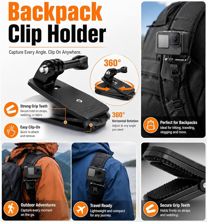 Accessories Kit for Action Camera, Chest Strap Harness + Head Strap Mount + 360° Rotating Hand Strap Mount and Backpack Clip Holder, 4 in 1 Universal Adjustable Sport Camera Accessories Kit - Image 6