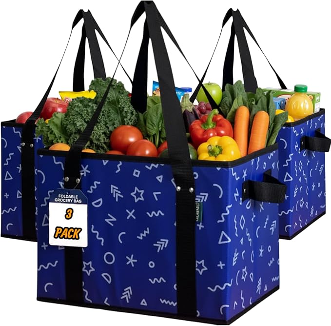 Reusable Grocery Bags (3 Pack) - Heavy Duty Foldable Tote Bags with Long Handles & Hard Bottom - Large Reusable Shopping Bags, Box-Shaped Grocery Totes Hold Up to 65 lbs, Stand Up & Fold Flat by LALABAG