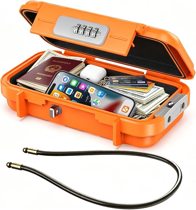 LOFICOPER Portable Safe Lock Box, Waterproof Anti-Theft Personal Security Case with 4 Digit Resettable Code, Removable Chain, Lightweight Beach Lock Box for Travel, Home, Office, Orange by LOFICOPER