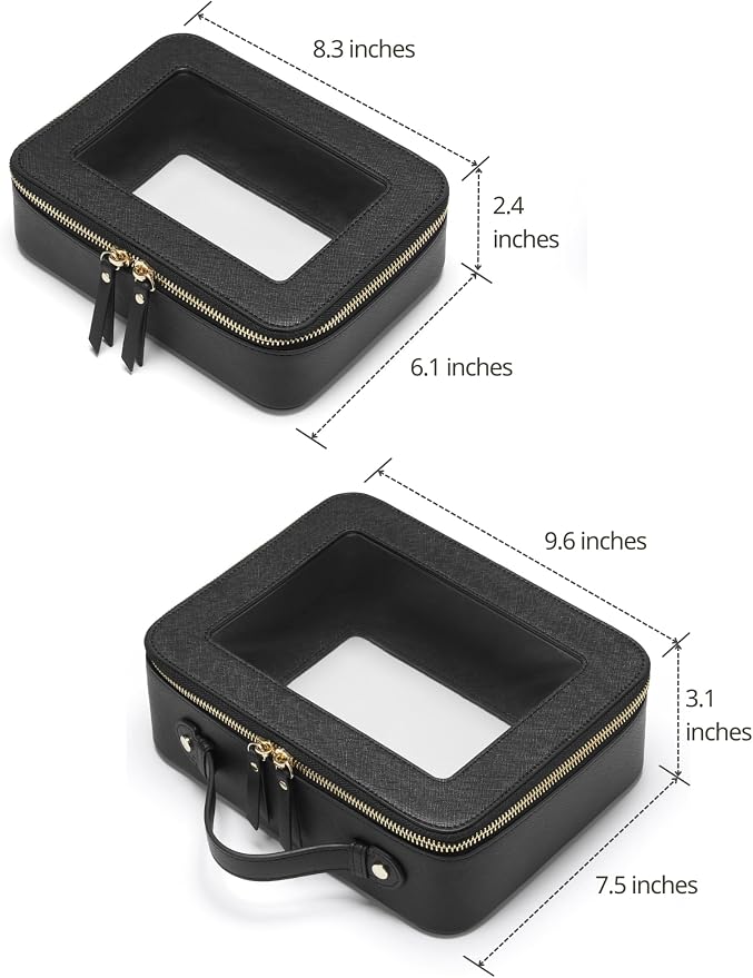 Clear Toiletry Bag 2 Pack, Travel Makeup Bag Medium and Large Black | Structured Clear Cosmetic Case with Zipper, Car Essential Organizer Bag for Women, Waterproof PU Leather, Wide Open Portable - Image 2