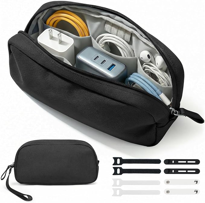 Anti-Tangle Cable Organizer Bag for 3ft+ Cords, Black | Water-resistant Oxford fabric case with 8 compartments and padded lining. Includes 8 cable ties for travel. by Woyinger