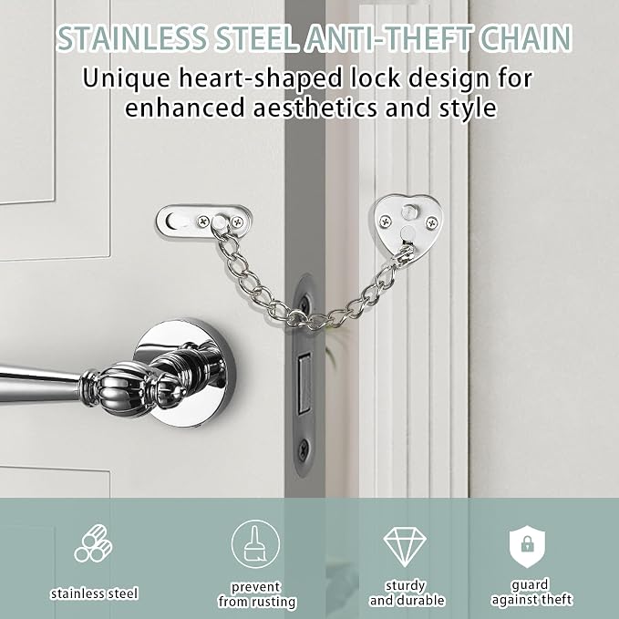 Alise Door Chain Lock, Brushed Nickel Adjustable Child Proof Security Door Lock for Apartment | Stainless Steel Chain Door Lock,Heart-Shaped Design Press-To-Unlock Heavy Duty Chain Lock For Barn Bedroom & Travel - Image 6