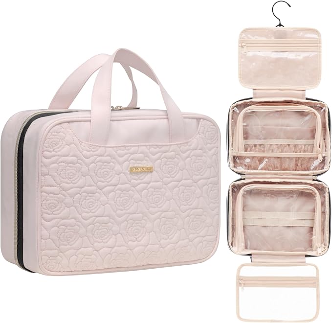 Everfun Travel Toiletry Bag with Hanging Hook and Leakproof Wet/Dry Compartments, Large Capacity Makeup Cosmetic Organizer for Women, 11x7.75x4.5 Inch, Pink by EVERFUN