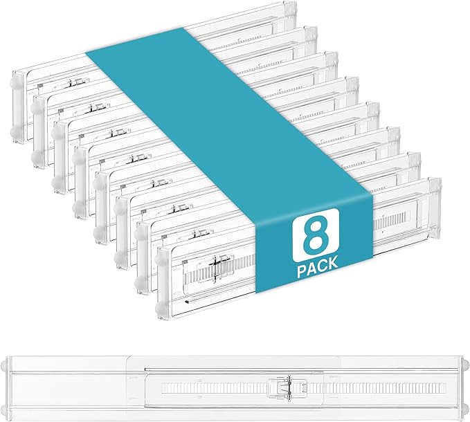 Vtopmart 8 Pack Shallow Drawer Dividers, 2.36" High 12.5"-20.8" Adjustable Expandable Kitchen Drawer Organizer, Clear Plastic Organizer Separators for Flatware, Utensil, Cutlery, Underwear, Clothes | Expandable Kitchen Drawer Organizer, Clear Plastic O... by Vtopmart