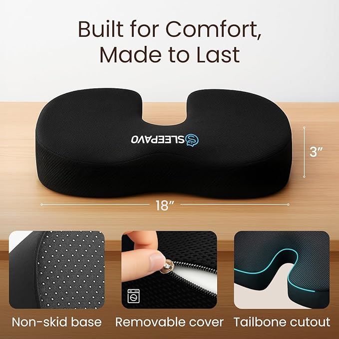 Office Chair Cushion - Seat Cushion for Tailbone Pain Relief - Butt Pillow for Coccyx, Sciatica, and Lower Back Pain - Orthopedic Chair Pad for Lumbar Support in Office Desk, Car, Airplane - Image 3