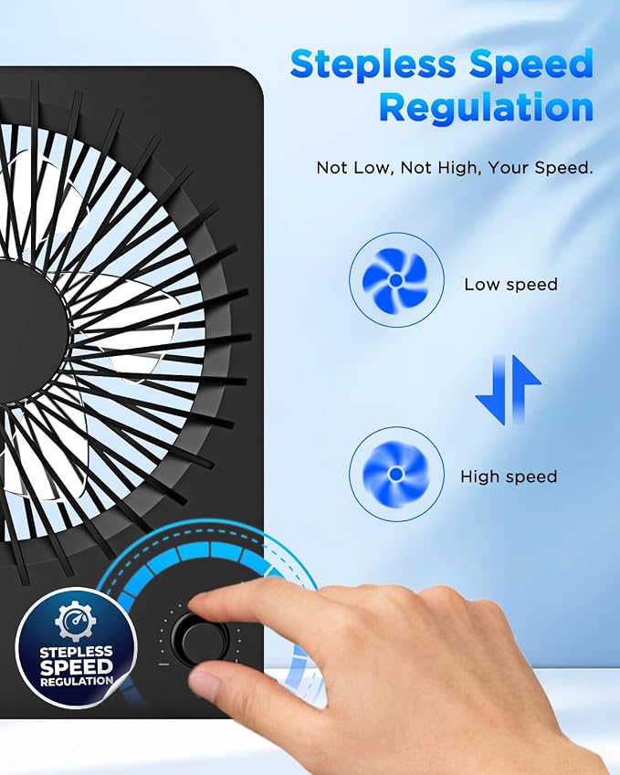EasyAcc 6000mAh Travel Fan for Sleeping, Up to 26H Runtime, Quiet Portable Battery Powered USB Desk Fan, Stepless Speed, 180° Foldable, Rechargeable for Bedroom, Office, Cruise and Travel Essentials - Image 7