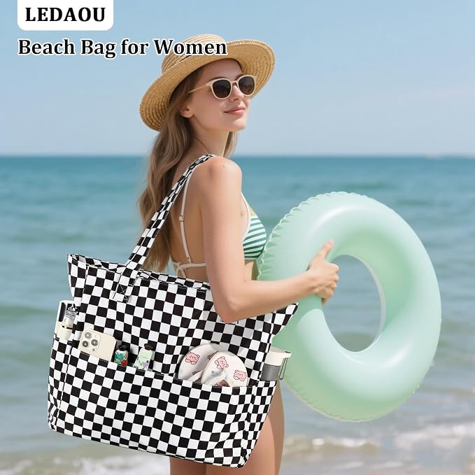 LEDAOU Large Beach Bag for Women, Waterproof Sandproof Tote Bag with Zipper | 36L Pool and Swim bag with Zipper, Wet/Dry pocket and 7 Pockets for Beach Days, Cruises, Vacations and Family travel - Image 4