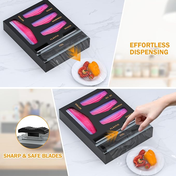 DALSHABET Bamboo Bag Organizer with Magnetic Closure, 6 In 1 Kitchen Drawer Foil and Plastic Wrap Dispenser with Cutter, Storage bag for Gallon, Quart, Sandwich, Snack Black - Image 6
