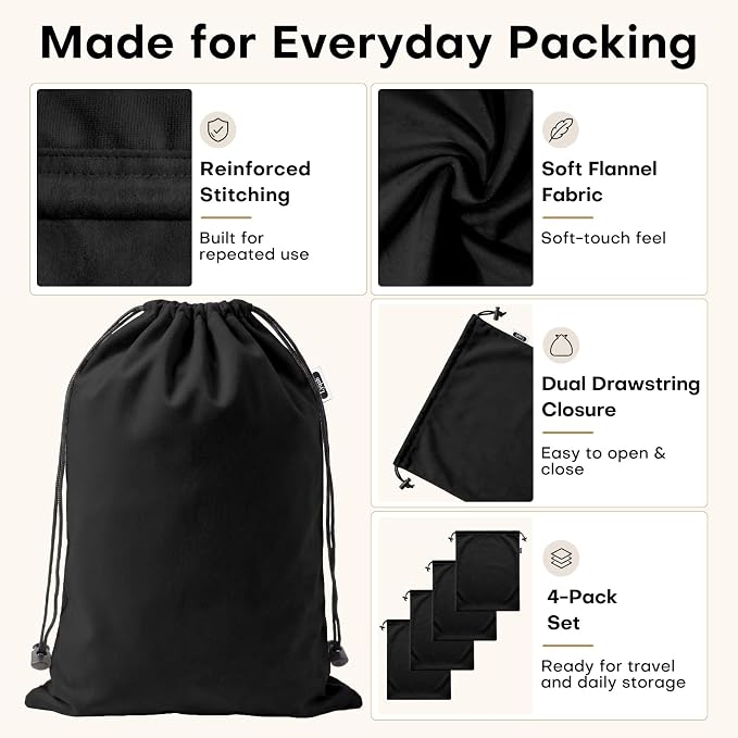 Travel Shoe Bags, 4 Pack Large Flannel Drawstring Bags (Black) | Soft Flannel fabric, 17.7 x 13.8 in, Fits up to Men's 13, Machine Washable - Image 3