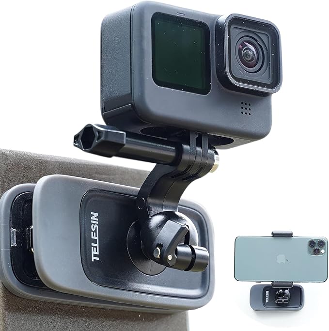TELESIN 360° Magnetic Backpack Clip Mount for Action Cameras and Phones | Dual-use magnetic and backpack clip with 360° ball head; fits GoPro, DJI Osmo, Insta360, AKASO cameras and smartphones. by telesin