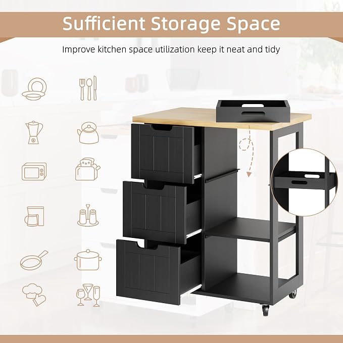 Shintenchi Kitchen Island Cart with Storage,Rolling Kitchen Island Storage Cabinet,Side Table on Wheels with Worktop,3 Open Shelves and 3 Drawers for Kitchen,Dinning Room, Black - Image 3