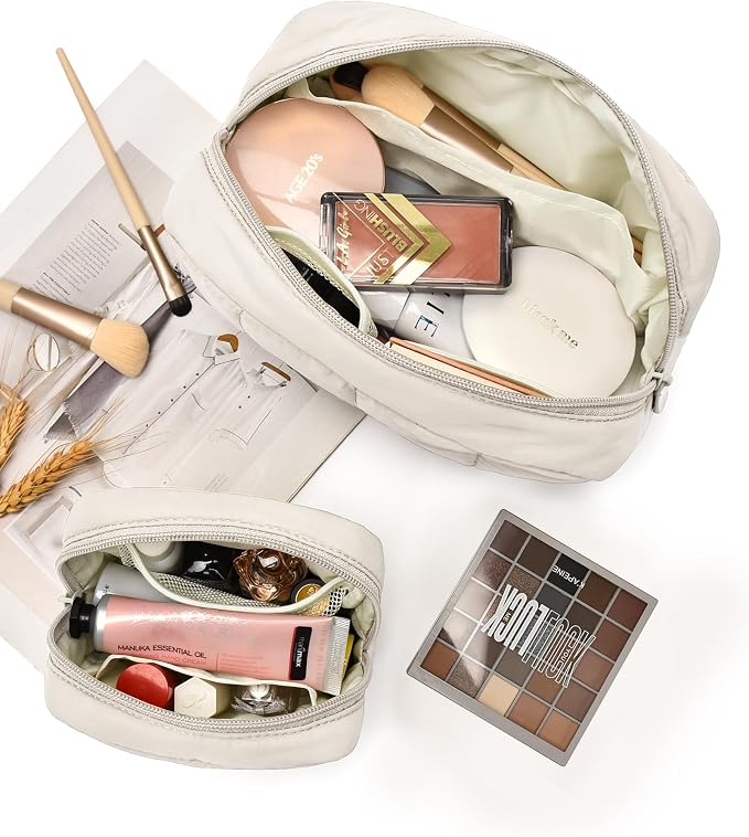 2 Pcs Makeup Bag Travel Toiletry Bag for Women Puffy Padded Cosmetic Pouch Purse Wide-open Makeup Organizer Case Travel Essentials - Image 2