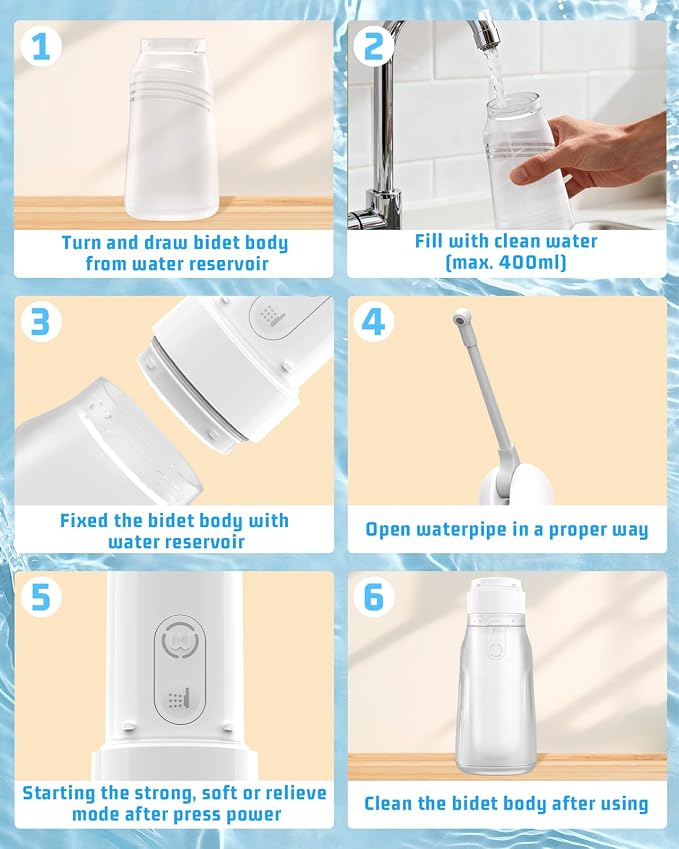 Portable Bidet for Travel with 400ml Bottle, 3 Pressure Modes | Rechargeable Electric Travel Bidet, Waterproof Handheld Bidet Sprayer for Women Men Baby Cleaning - Image 7