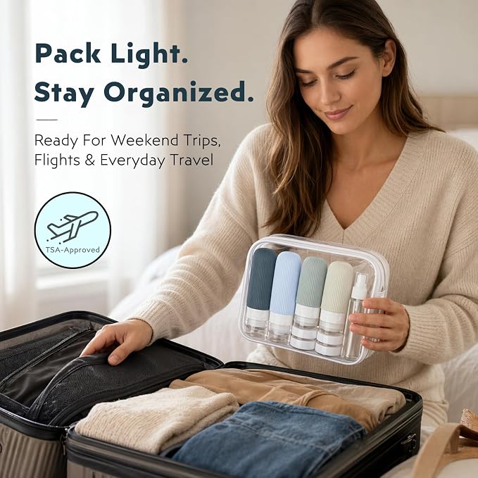16 Pack Travel Bottles Set - TSA Approved Toiletry Bottles, Leak Proof Refillable Silicone Travel Size Containers with Jars, Spray Bottles, Funnel, Brush & Clear Bag for Carry-On, Camping & Vacation - Image 6
