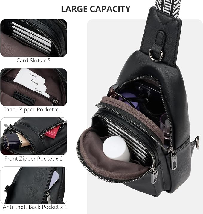 Anti-theft Sling Bags Women Small PU Leather Chest Fanny Pack | RFID Blocking,Safety Zipper,5 Card Slots,Adjustable Strap,Large Capacity,Multi Pockets,Faux Leather,Daypack,Bum Bags,Travel - Image 7