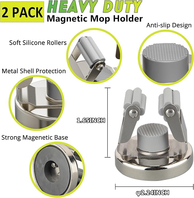 ULIBERMAGNET Magnetic Mop Broom Holder, Heavy Duty Movable Magnetic Mounted Utility Storage Mop Shovel Hanger for Garage, Kitchen, Laundry, Garden (2 Pack/Silver) - Image 2
