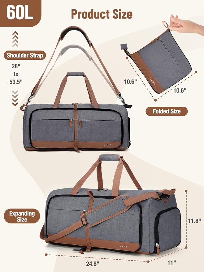 Lekesky Foldable Travel Duffel Bag for Women, 60L Large Duffle Bag with Separate Shoes Compartments & Straps, Carry On Weekend Bag for Women, Hospital, Overnight(Grey) - Image 3