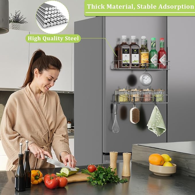 Magnetic Spice Rack for Refrigerator, 2 Pack Strong Magnet Spice Organizer Shelves with Hooks, Magnetic Fridge Shelf for Kitchen Organization and Storage, Seasoning Organizer Gadgets (Grey) - Image 6