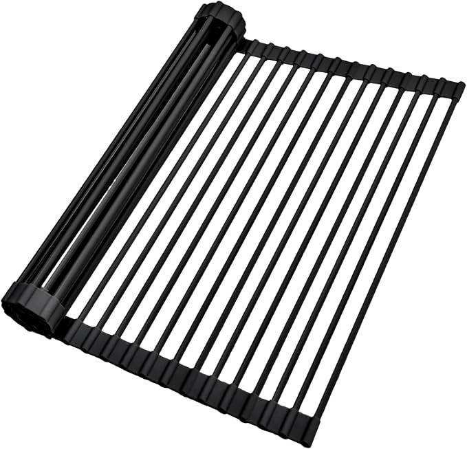 Ohuhu Over The Sink Dish Drainer Drying Rack, 17.6" W x 15.4" L Roll Up Dish Racks Kitchen Sink Organizer Silicone Wrapped Large in Sink Dish Drying Rack Foldable Rolling Drain Mats Anti-Slip by Ohuhu