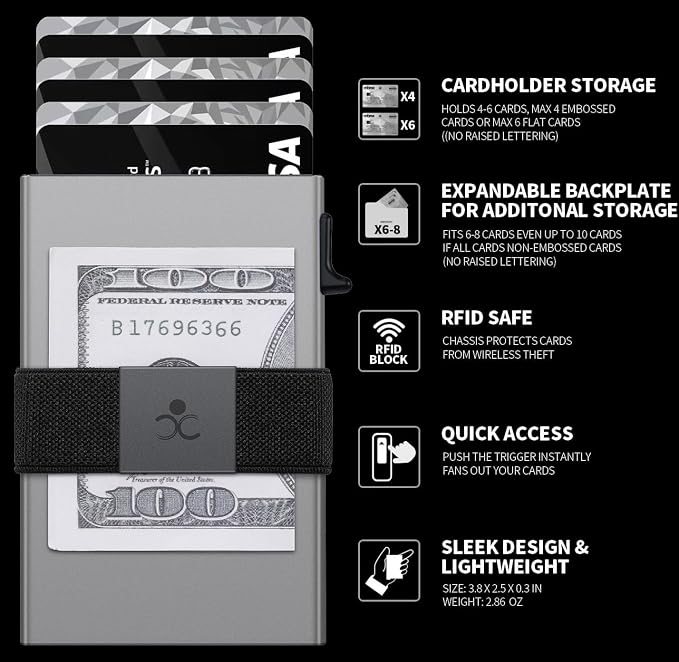 SEMORID Slim Aluminum Card Holder Wallet for Men, Durable Expandable Backplate, RFID Blocking Minimalist Metal Pop Up Wallet, Holds 12 Cards Plus Cash (Grey) | Durable Expandable Backplate Compact Smart Metal Pop Up Wallet Front Pocket Holds 12+ Cards ... - Image 9