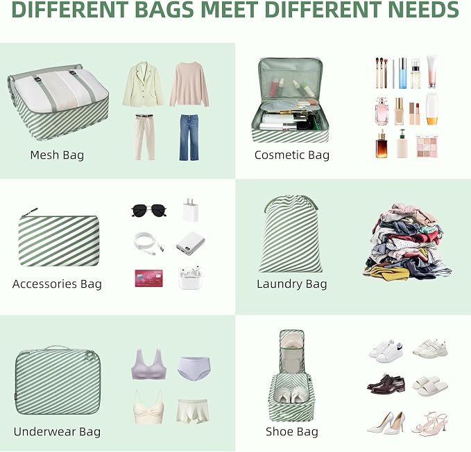 BAGAIL 8 Set Packing Cubes Luggage Packing Organizers for Travel Accessories-White and Matcha Stripe - Image 3