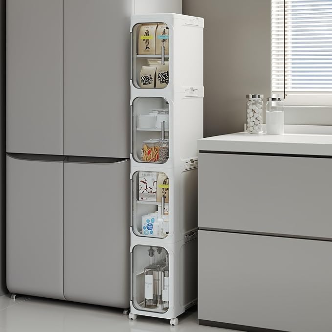 Narrow Slim Bathroom Storage Cabinet with Wheels, 4-Tier White | Tool Free Assembly, Adjustable Shelves, Fits for Narrow Spaces, Reinforced Stability, Magnetic Clear Door by Lifelongpal