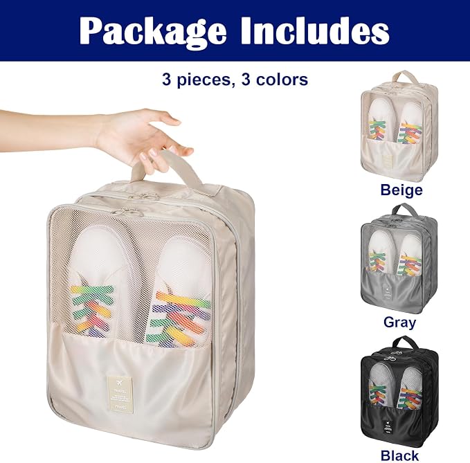 3-Pack Travel Shoe Bags for Packing in Suitcase - Shoe Travel Bag Organizer with Handle, Multi-Layer Compartments Holds 3 Pairs of Shoes, Portable Storage for Men & Women (Beige/Gray/Black) - Image 5