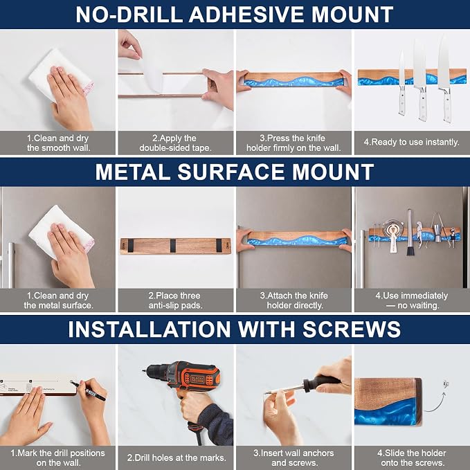 16 Inch Magnetic Knife Holder for Wall, Acacia Wood & Blue Resin Magnetic Knife Strip, Powerful No-Drill Adhesive or Screws Mount, Kitchen Knife Bar Storage Rack ("Ocean" Blue Resin) - Image 5