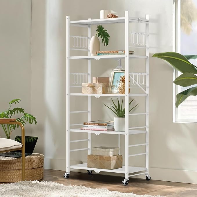 Himix 5-Tier Foldable Storage Shelves 20 Hooks Wheels White No Assembly | Folding shelving units, Metal collapsible organization, Wire rack, Unit rolling cart, Bookshelf, Kitchen, Home, Holds 440 Ibs - Image 2