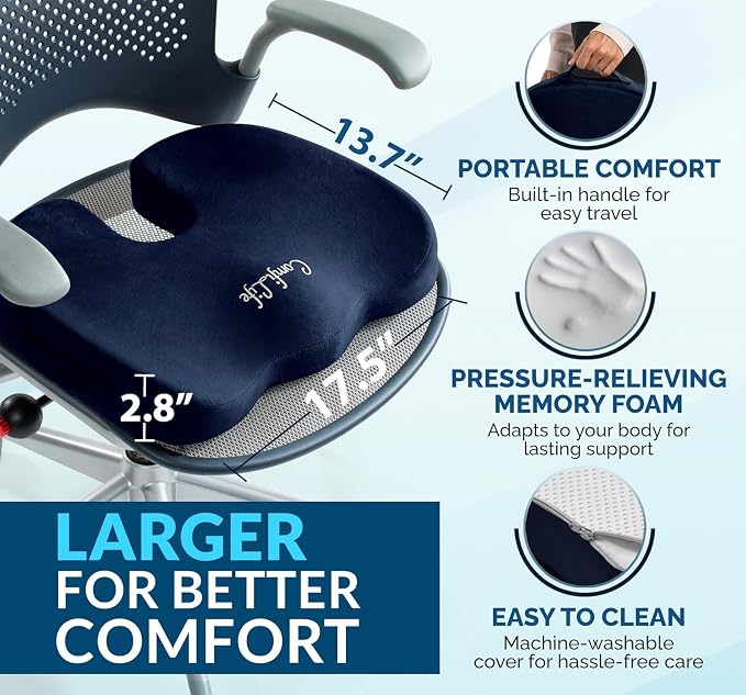 ComfiLife Doctor Recommended Seat Cushion - Premium Gel & Memory Foam Office Chair, Car Seat, Lifting Cushion - Chair Cushions for Back & Sciatica Relief - Seat Cushions for Office & Desk (Navy) - Image 6