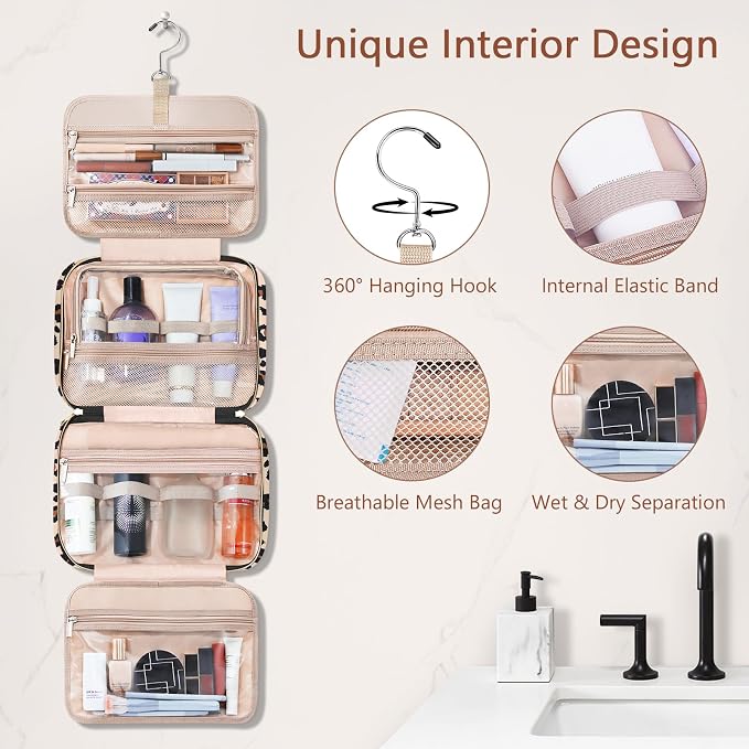 Toiletry Bag for Women, Hanging Travel Toiletry Bag with Jewelry Organizer Compartment Large Makeup Bag, PVC Waterproof Cosmetic Travel Bag Trips Camping Bathroom, Leopard Print - Image 5