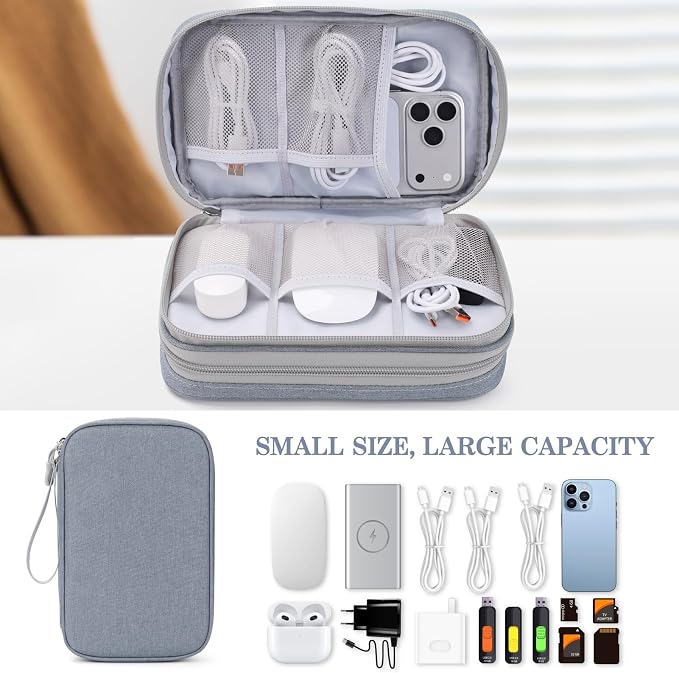 FYY Electronic Organizer, Travel Tech Pouch Bag, Large, Light Grey | Wrist Strap, Waterproof, Double Layers Portable Electronics Travel Carrying Case for Cord, Charger, Daily Business Trips Use - Image 6