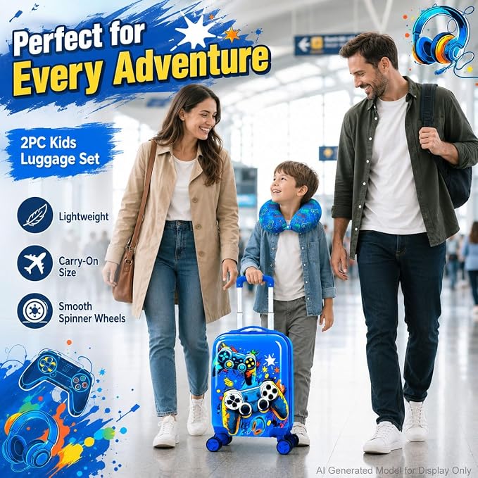 Boys Suitcase, Lightweight Hardshell Spinner Kids Luggage Set 2PCS with Wheels - Airplane Approved Carry-On for Children Ages 3-10, Energetic Game Rolling Suitcases for Elementary Toddler Travel - Image 2