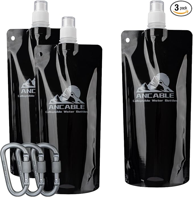 Ancable 17oz Collapsible Water Bottles, 3-Pack Reusable Travel Foldable Water Bottles for Hiking Camping Running Bike, BPA-Free Water Bottle by Ancable
